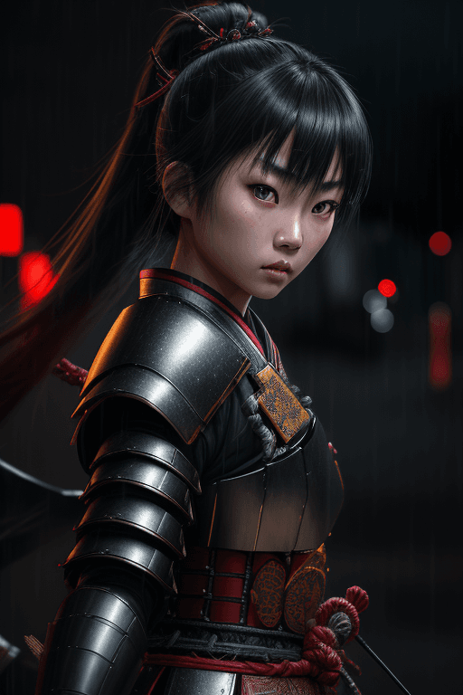 AI generated: (Asian girl wearing intricate samurai armor:1.5), dark rainy city, (dynamic pose, action scene), (lu...