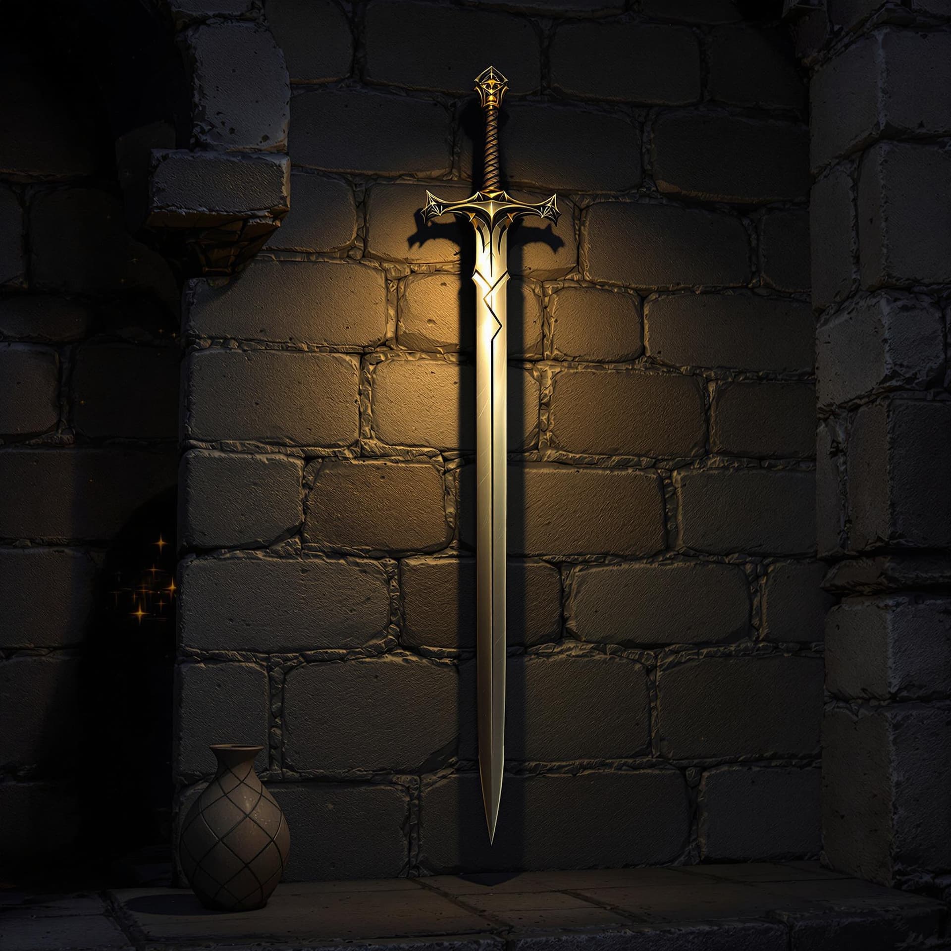 AI generated: castle wall background night, league of legend character based Leona, ultra realistic, sword Point d...