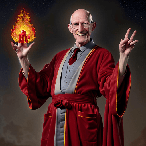 AI generated: professor  Farnsworth, realistic, dressed in red robes covered in mystic symbols stars and moons, ba...