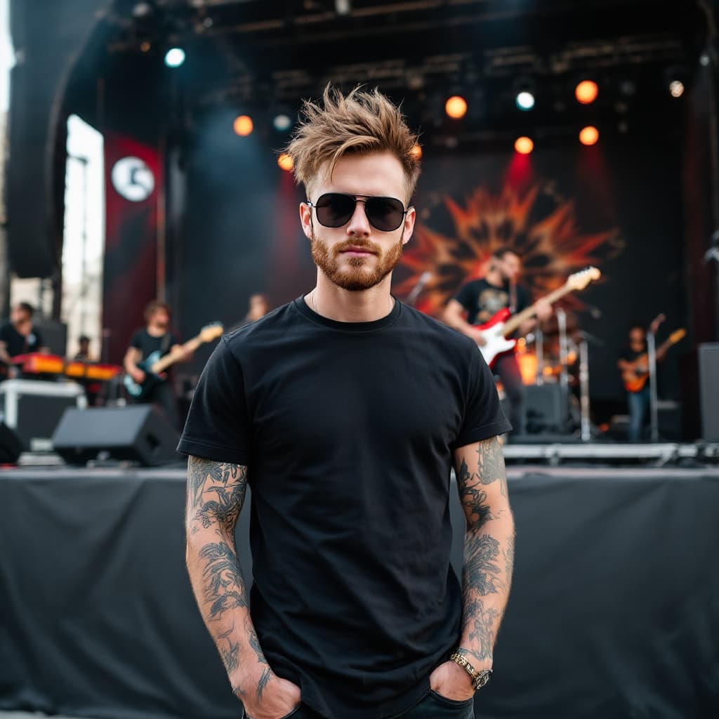 AI generated: A young Caucasian male with short brown hair, beard, wearing sunglasses and a black t-shirt, some ta...