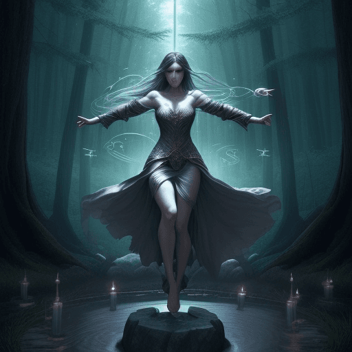 AI generated: "Create an illustration featuring a central female character, a sorceress, who is elegantly levitati...