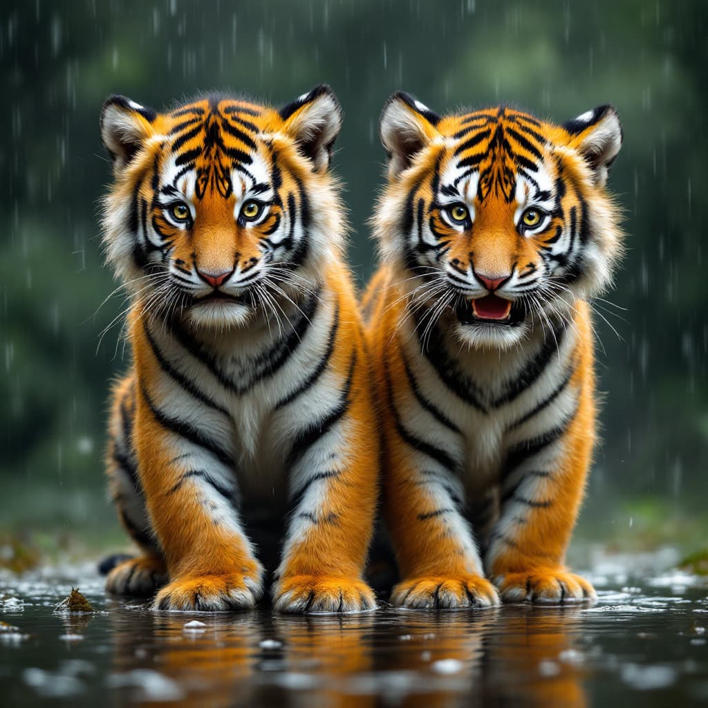 AI generated: Tiger Cubs in the Rain