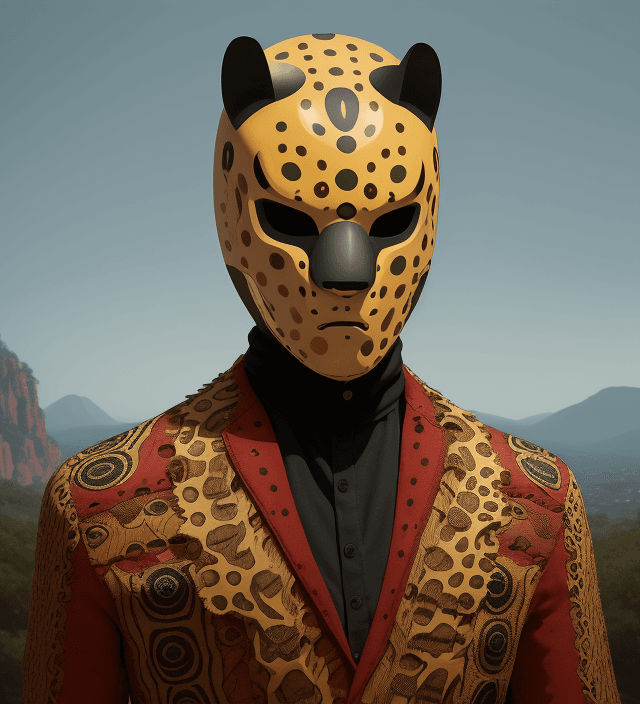AI generated: jaguar helmet type mask with jaguar-style spots, wooden mask, fine wood details, zoque inspiration, ...