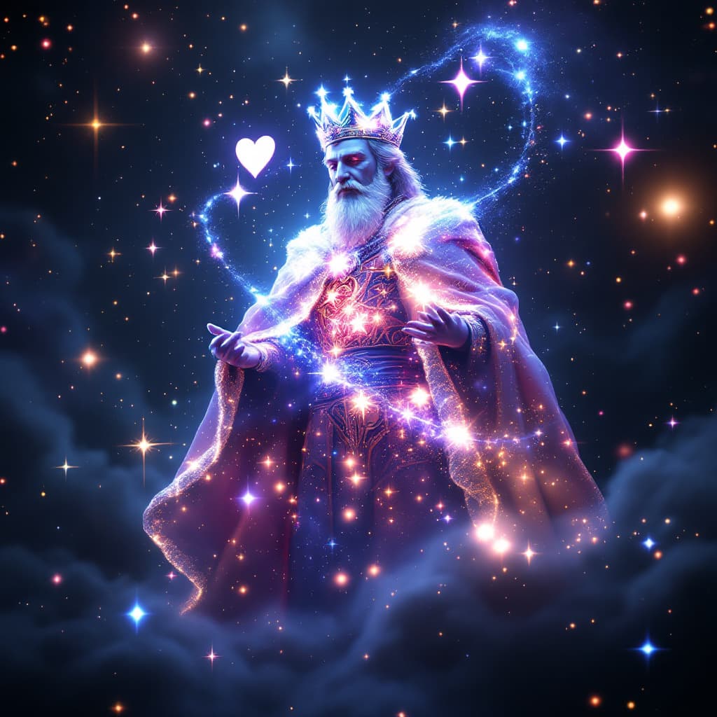 AI generated: The King of Hearts card transforms into a 3D hologram that appears to be made of cosmic energy. As t...