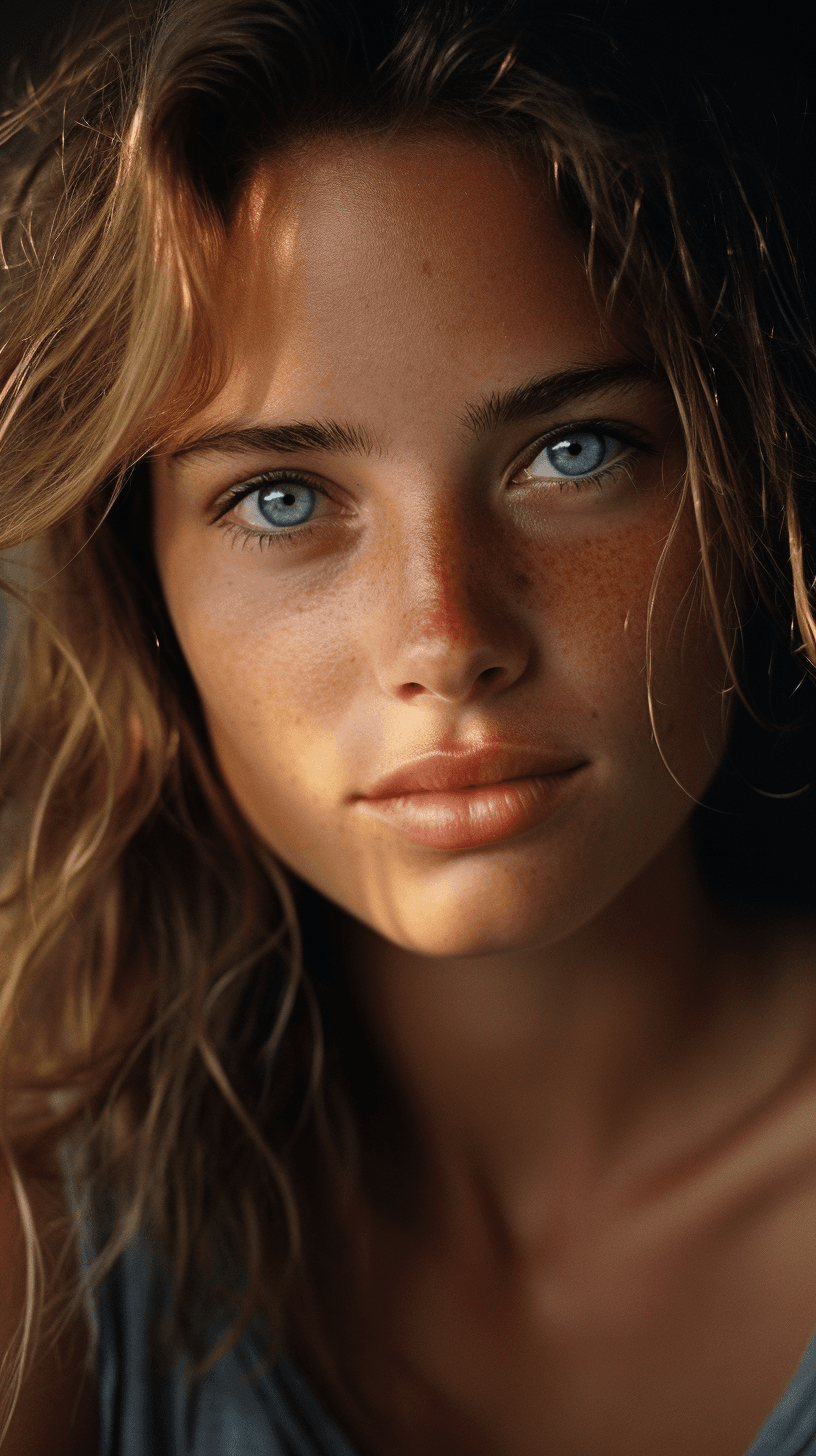 AI generated: focus on the nose, sharp nose, A captivating portrait of a woman grinning, her entire face, includin...