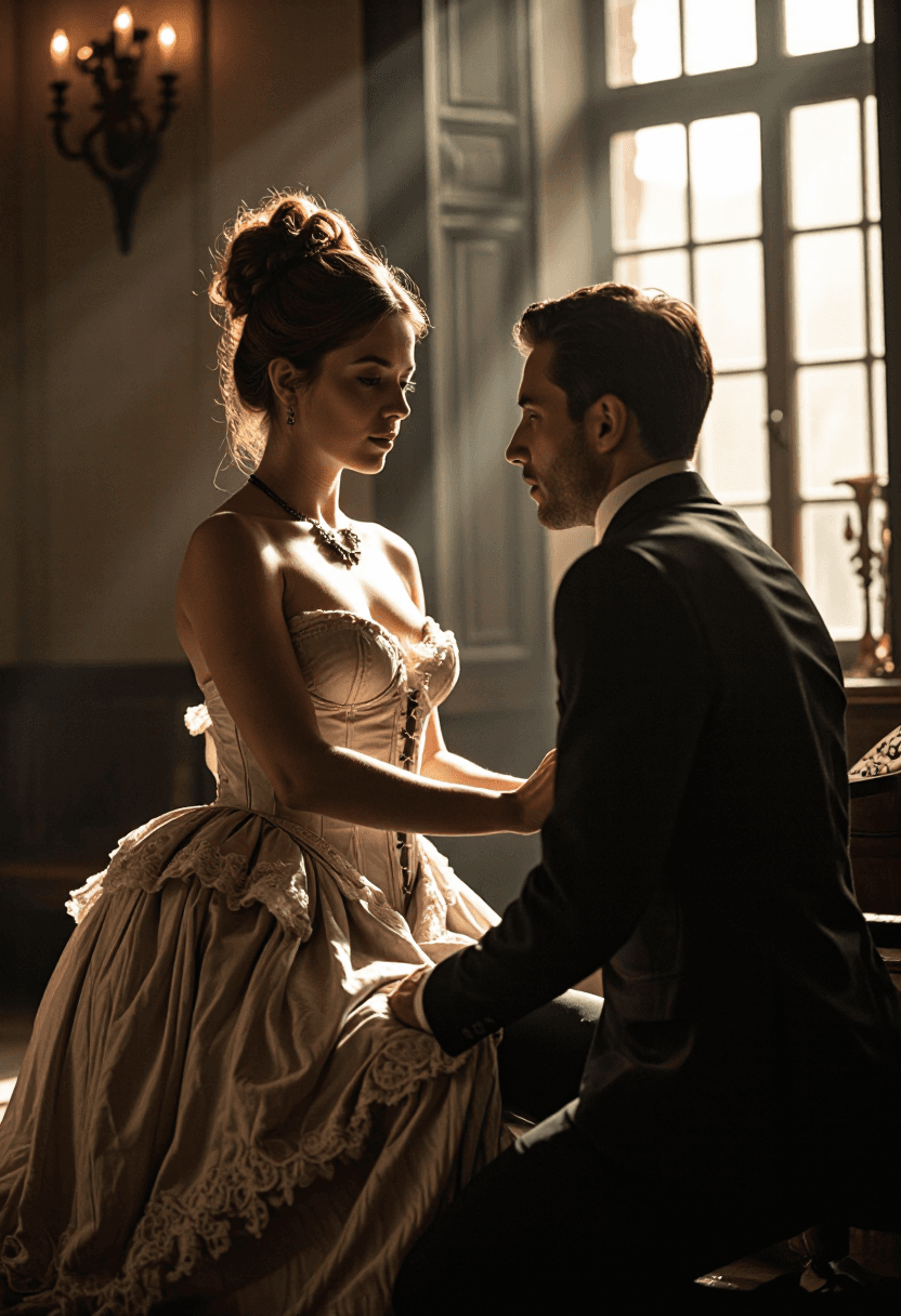 AI generated: A romantic and nostalgic Victorian-style moment captured in photorealistic detail. A light-skinned H...