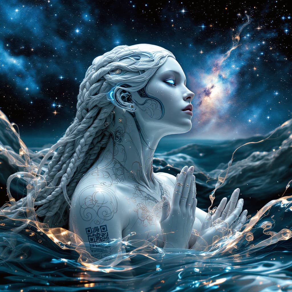 AI generated: Birth of Venus painting with pure white shiny translucent Egyptian Arab skin android with large trib...