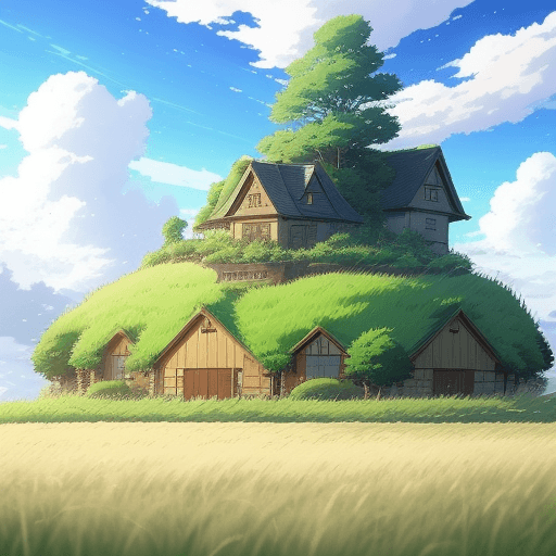 AI generated: A beautiful anime grass field landscape inspire form your name anime,house,luffu clouds,high details