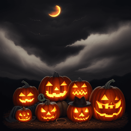 AI generated: PUMPKINS, MICE WITH HATS, JACK-O-LANTERN IN MIDDLE, COBWEBS, ACONS, DARK SKY WITH CLOUDS