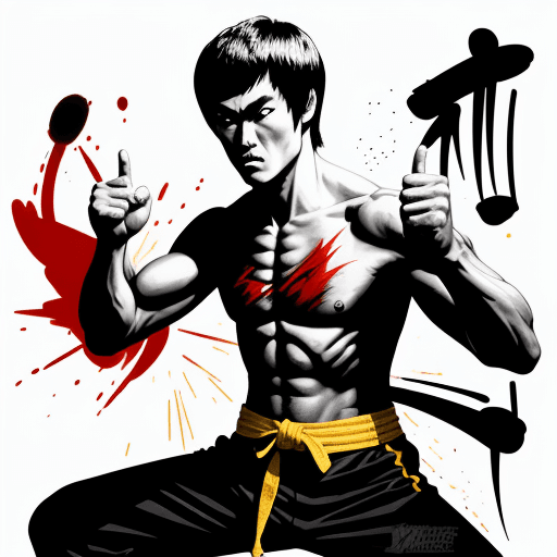 AI generated: Bruce Lee in a dynamic martial arts pose, Street art style, Energetic and Powerful mood, Graffiti sp...