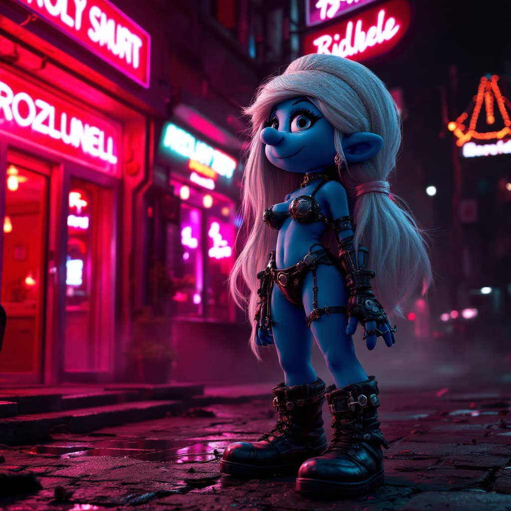 AI generated: Smurfette standing in front of brothel in the redlight district, cyberpunk 2077, night city, full bo...