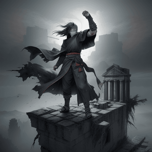 AI generated: In a mystical, war-torn landscape, Madara, the legendary, powerful ninja, stands triumphantly atop a...