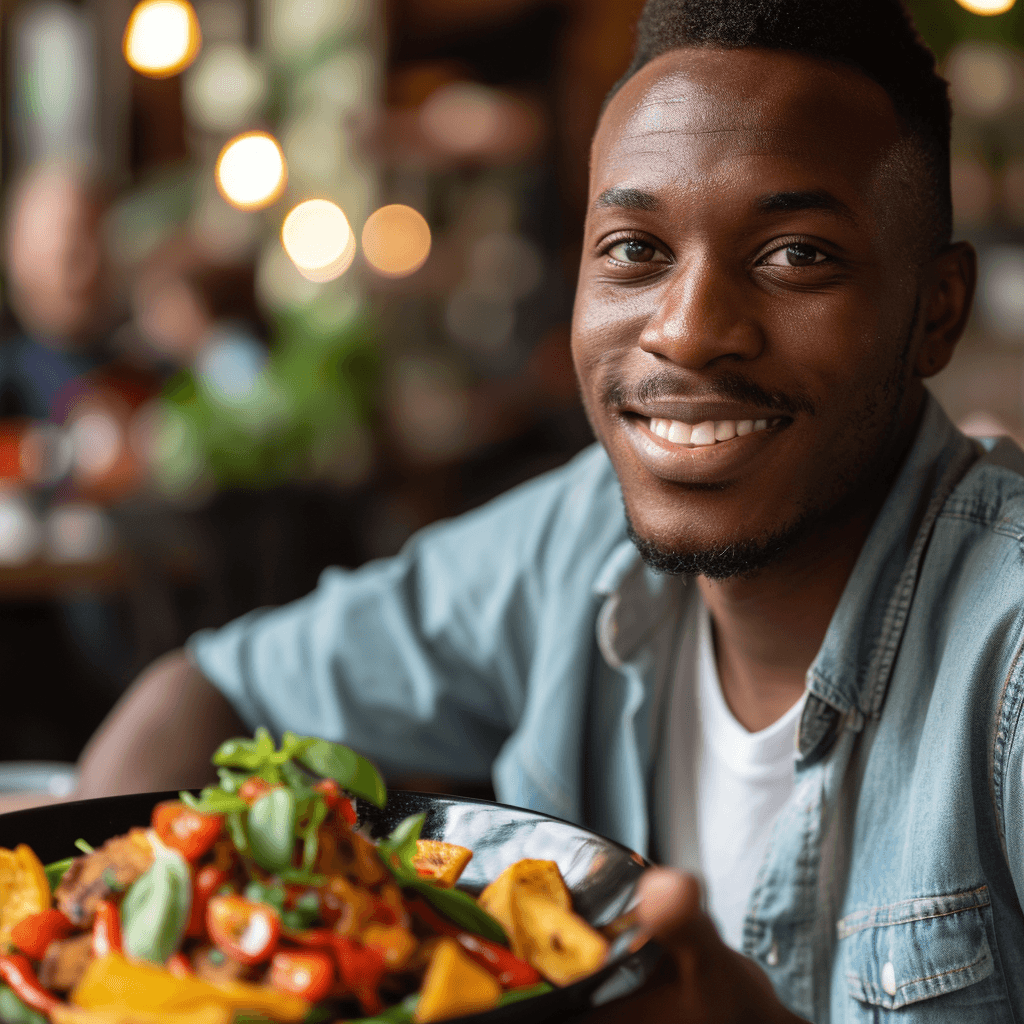 AI generated: Beautiful brown man, clear features, hot food, digital image, 16K, more focus --no 2 heads, 2 faces,...
