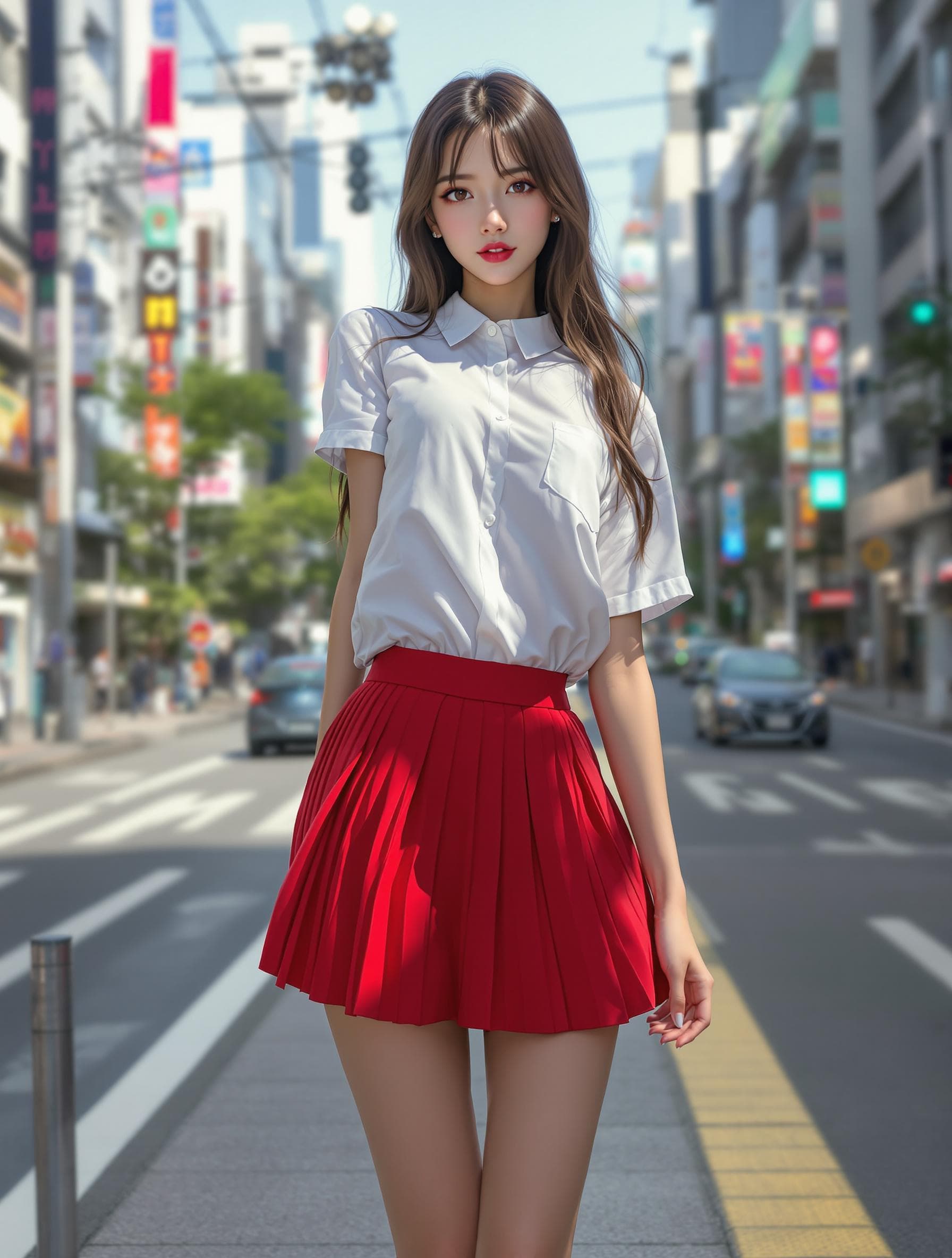 AI generated: beautiful photorealism, a girl, perfect anatomy, wearing a white short sleeves shirt, red pleated mi...