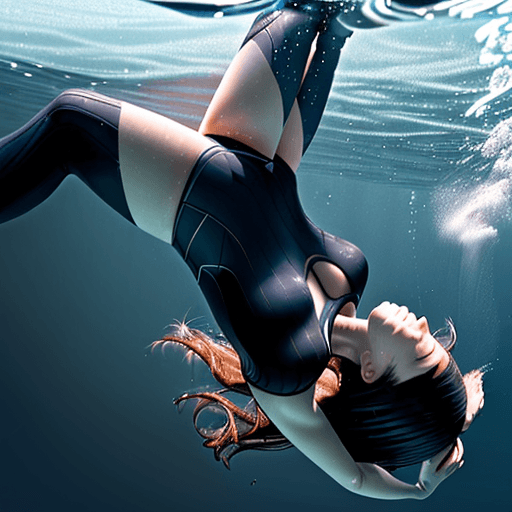 AI generated: same but facing upward, her hairs are covering her face,
there is a movement impression of her falli...