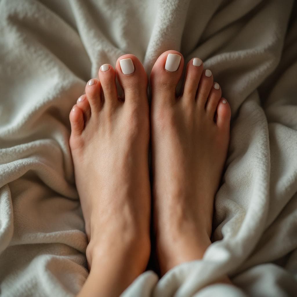 AI generated: white toenails feet soft skin legs up curvy woman focused camera angle realistic vibes perfect feet ...