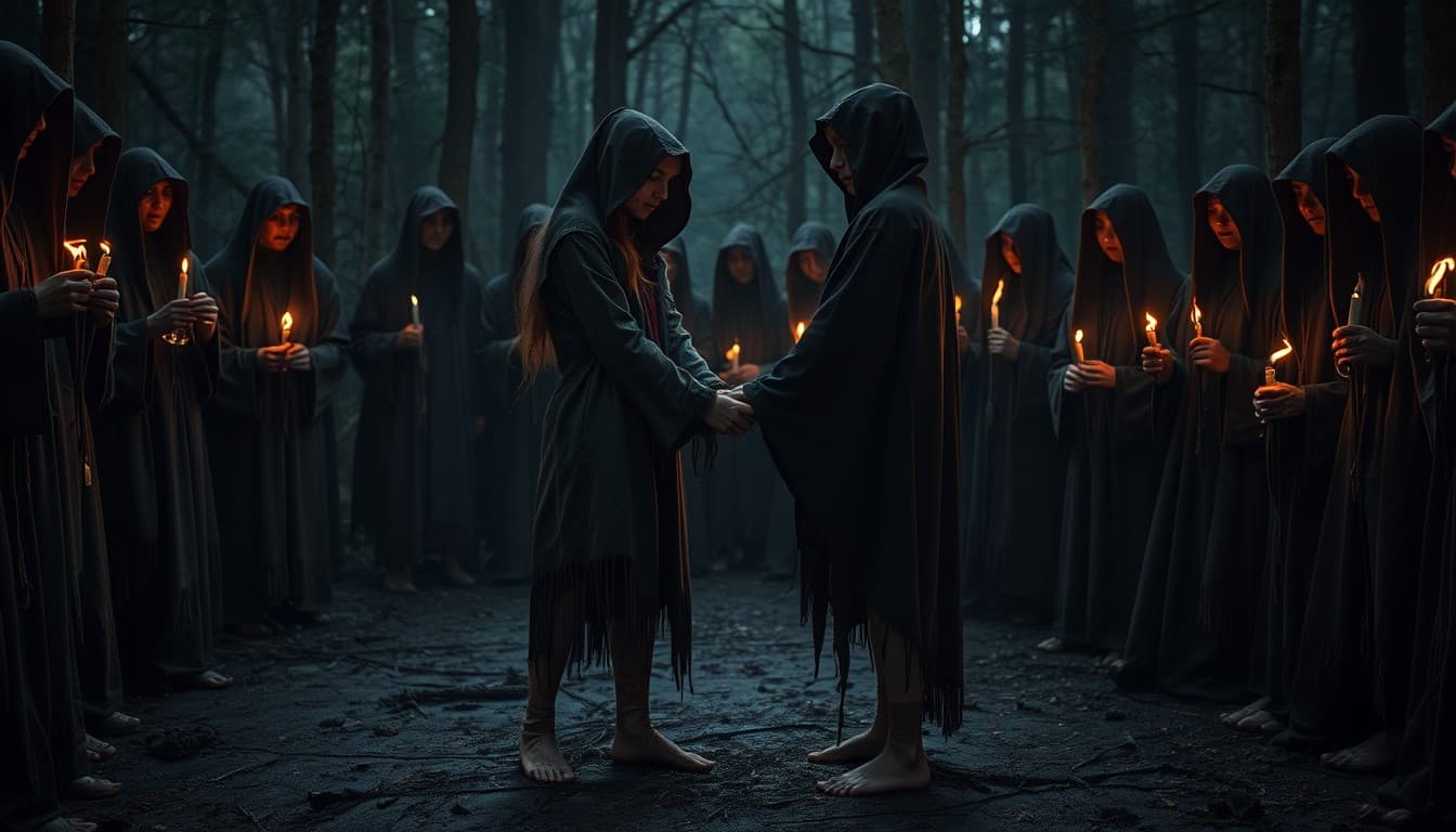 AI generated: In a shadowy, secluded forest clearing, a possessed teenage girl and boy stand locked in a dark ritu...