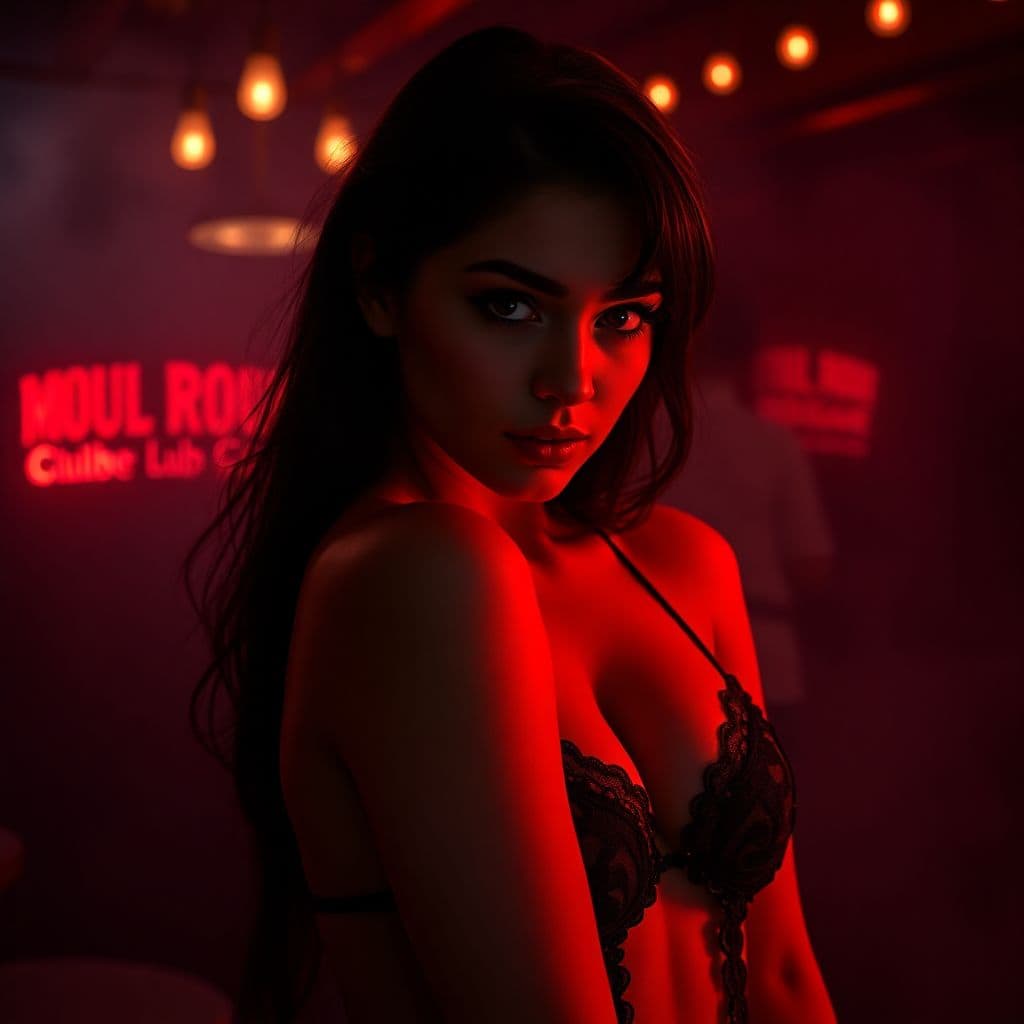 AI generated: RAW photo, low key, cinematic composition, Moulin Rouge, cabaret style, burlesque, photograph of a g...