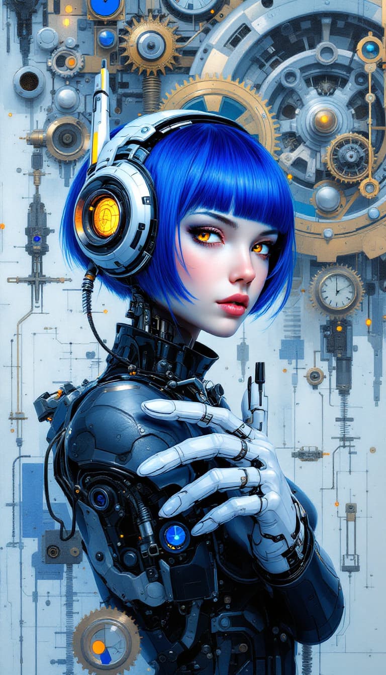 AI generated: "Cobalt Automaton in a Mechanical Dream": A dynamic abstract painting presents an automaton, exuding...