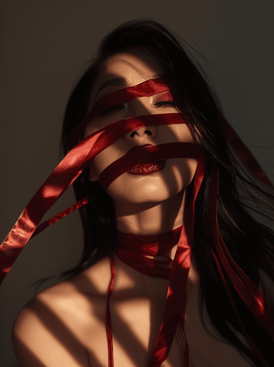 AI generated: a dark photo of an Asian woman wrapped in red satin ribbons, she has long black hair and wears heavy...