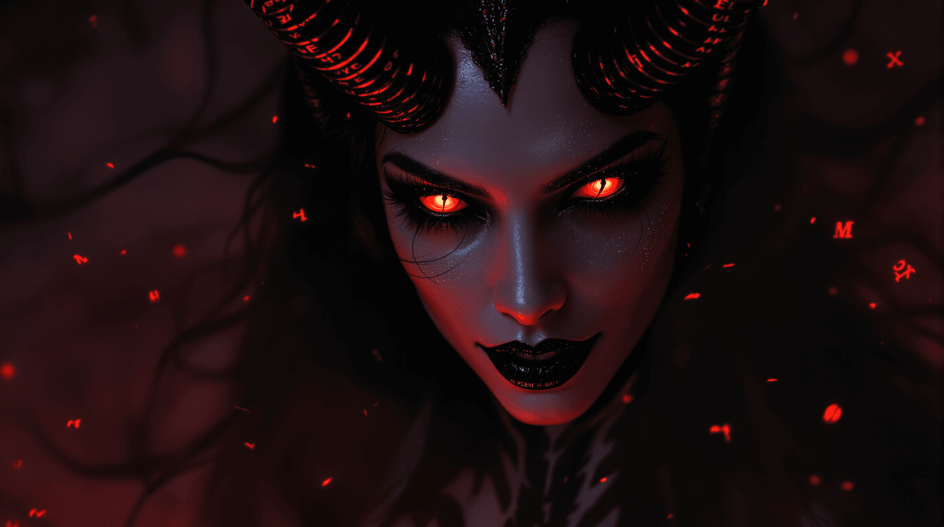 AI generated: A seductive female demon queen in a dramatic close-up portrait, reminiscent of Beksiński's dark myst...