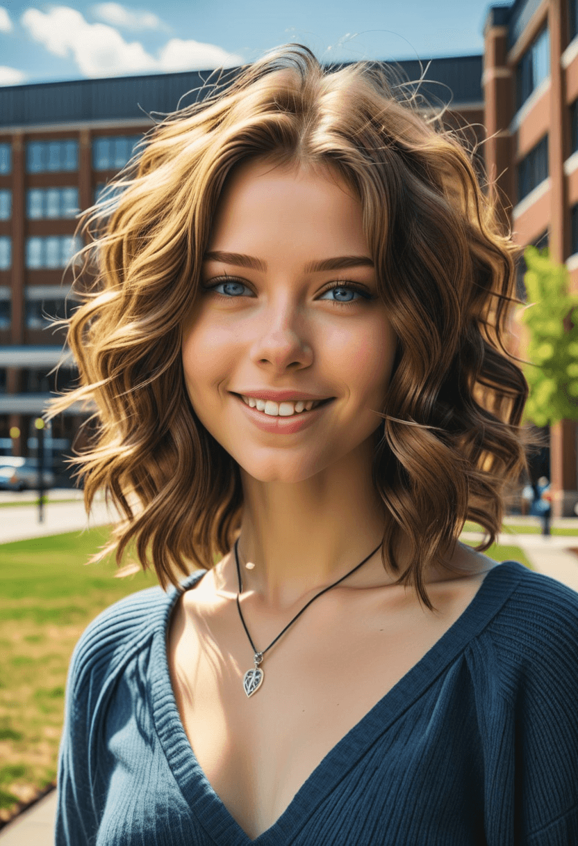AI generated: HDR photo of naturally beautiful young woman, shoulder length light brunette hair, light blue eyes, ...