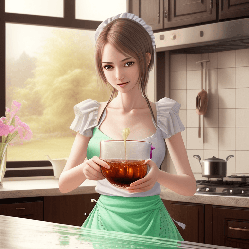 AI generated: hyper realistic cute young slender woman in a kitchen made of fractals pouring tea into a smartphone
