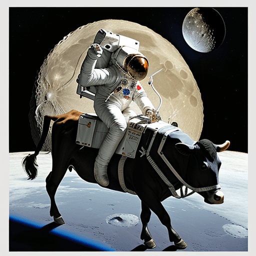 AI generated: An astronaut ridding a cow over the moon