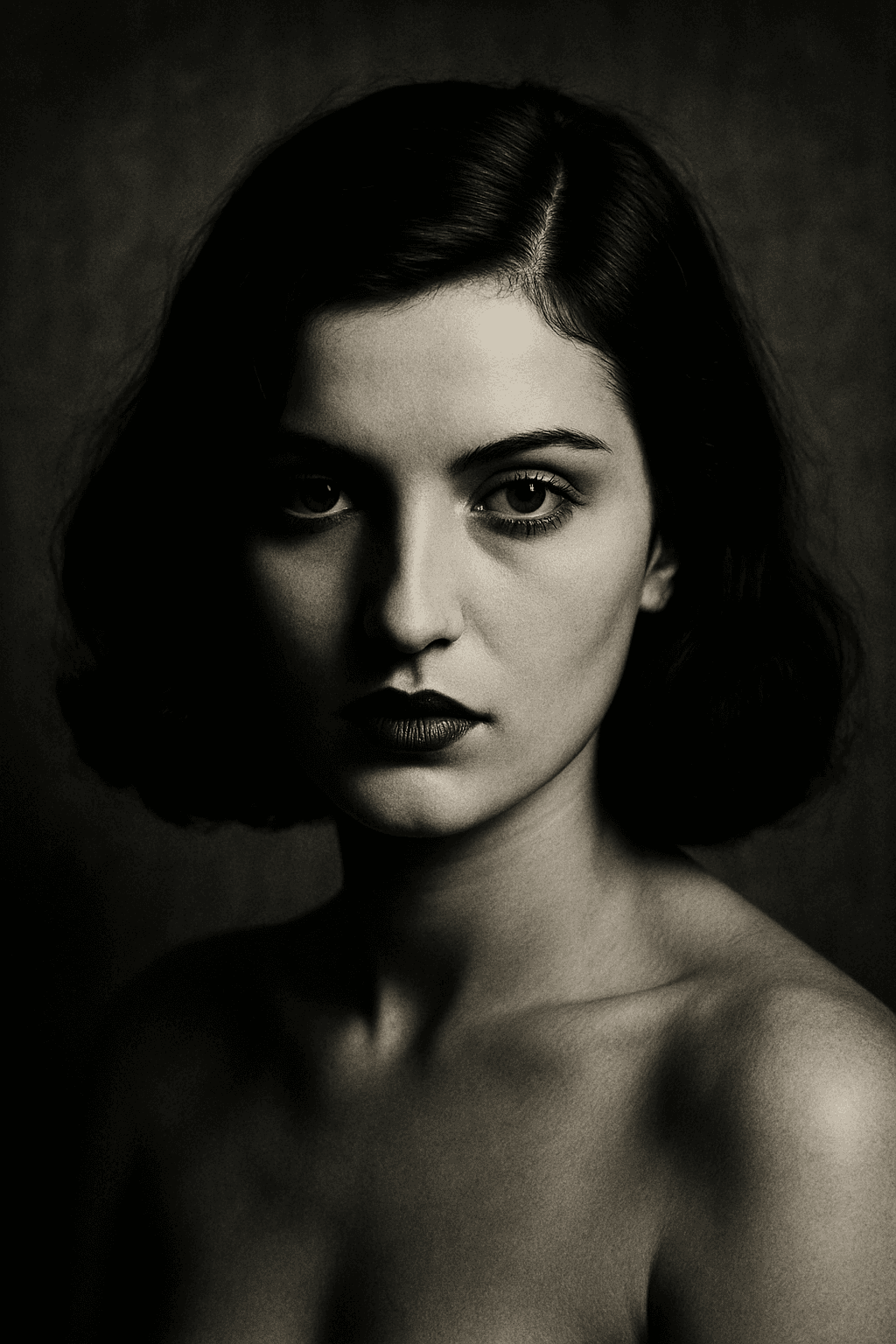 AI generated: Une photographie en noir et blanc, portrait artistique d’une femme très belle, cheveux mi-longs noir...