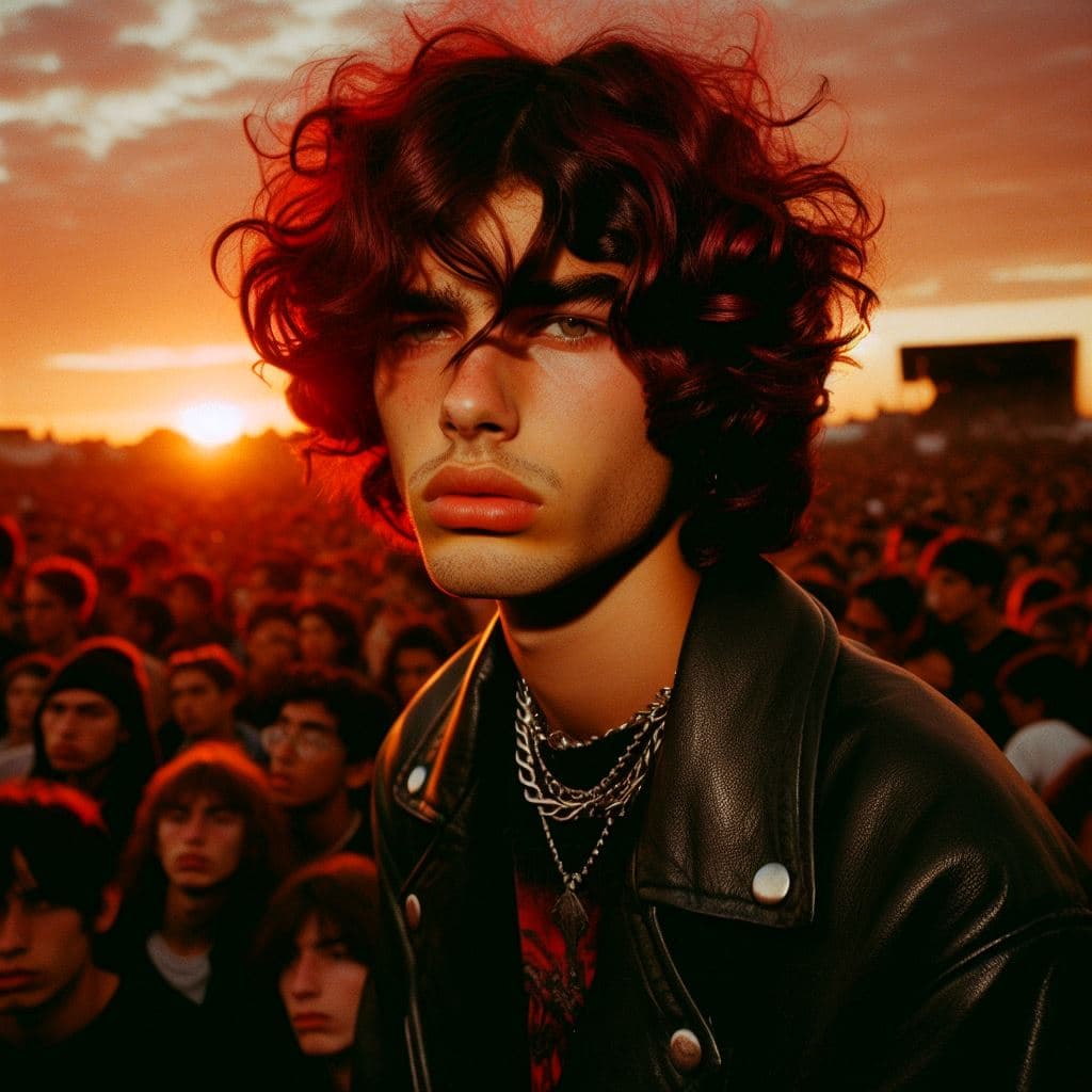 AI generated: Intense sunset in the gritty streets of 90's Santiago, a photographer captures punk fashion embodied...