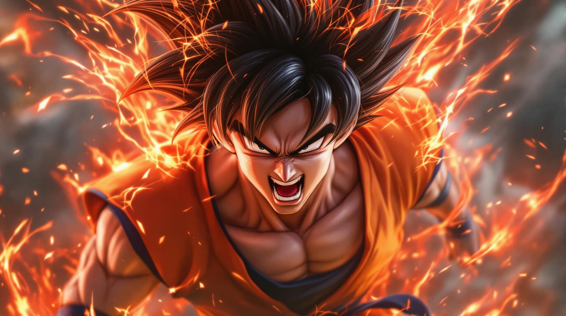 AI generated: hyper realistic, Son goku who is very angry and filled with power and a spectacular aura, in our cur...