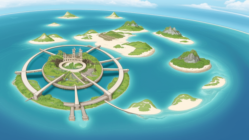 AI generated: image of a circular island with many different bridges branching out to the mainland, cartoon-like, ...