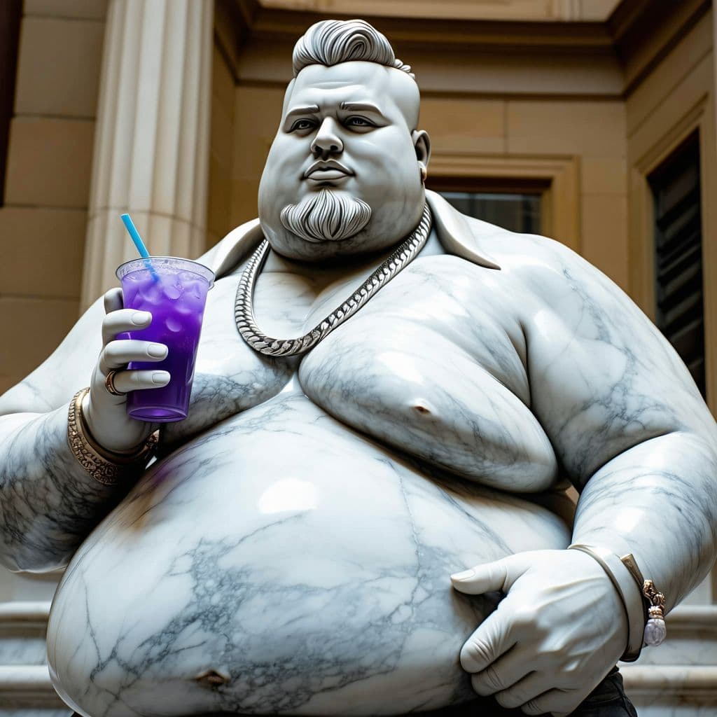 AI generated: dangerously obese american rapper without a beard and with short hair, holding a purple drink, marbl...