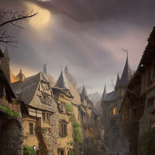 AI generated: """a beautiful dark fantasy medieval large village with several houses made of stones in a beautiful...