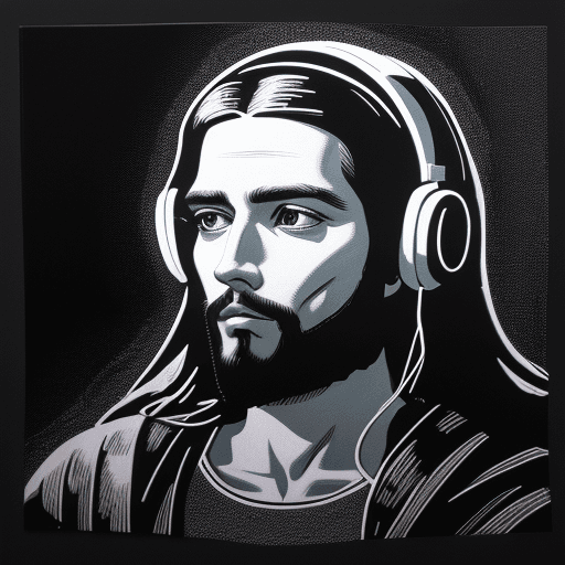 AI generated: [jesus] wearing headphones, drawn with white ink on black paper --ar 8:15 --stylize 50 --v 5.2