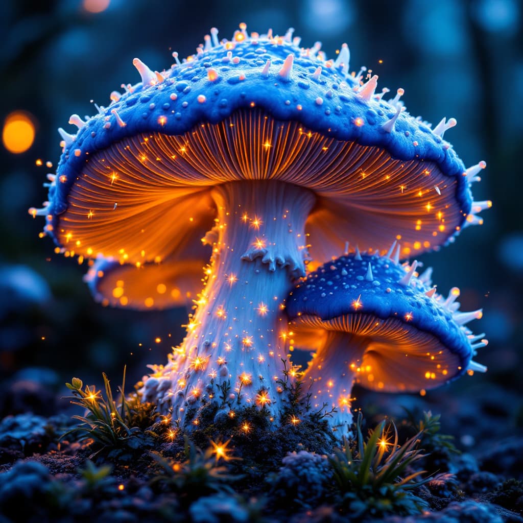 AI generated: the image of a blue and white mushroom, in the style of otherworldly, soggy, sparklecore, spiky moun...