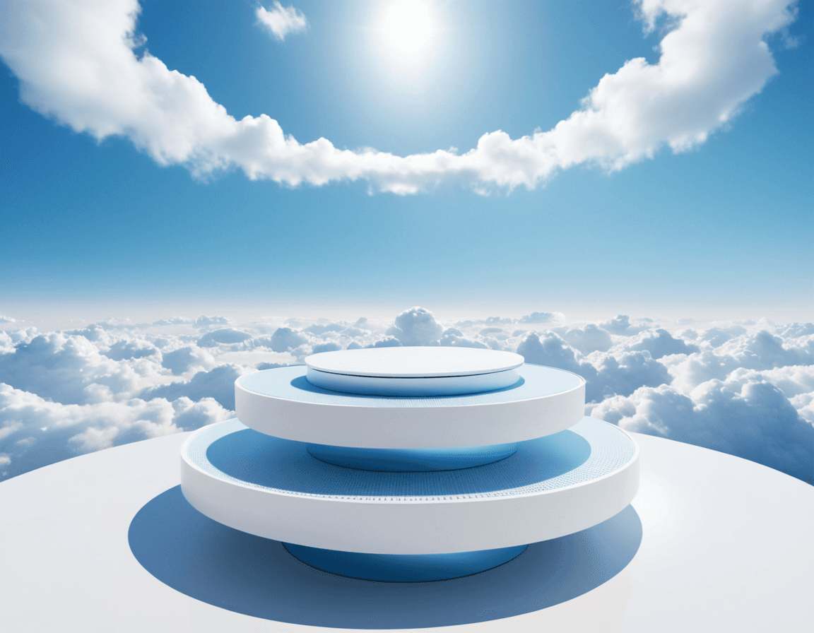 AI generated: a white platform in the middle of the clouds, trending on cg society, sky blue and white color schem...