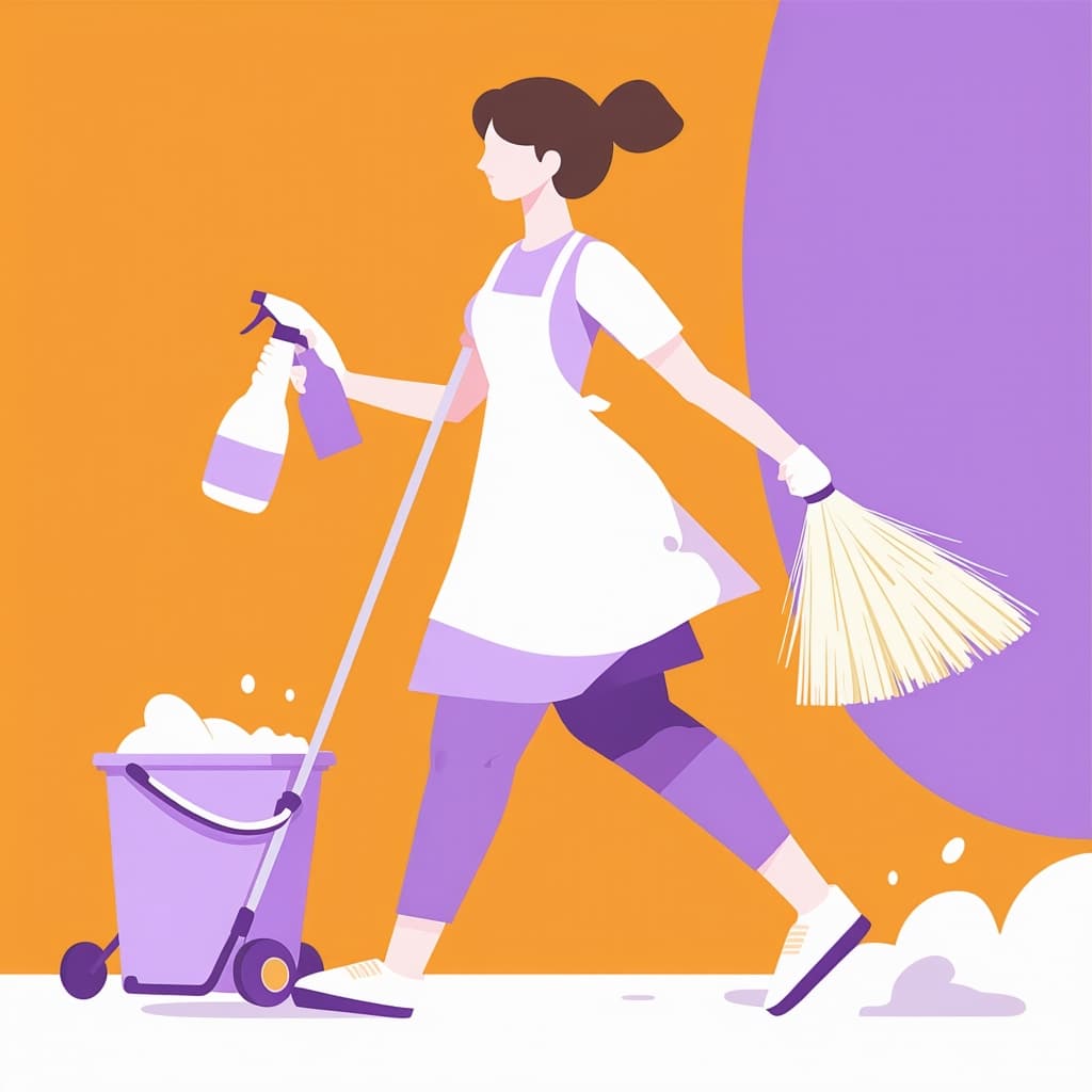 AI generated: A modern, flat-style digital illustration of a dynamic character in motion, holding cleaning product...
