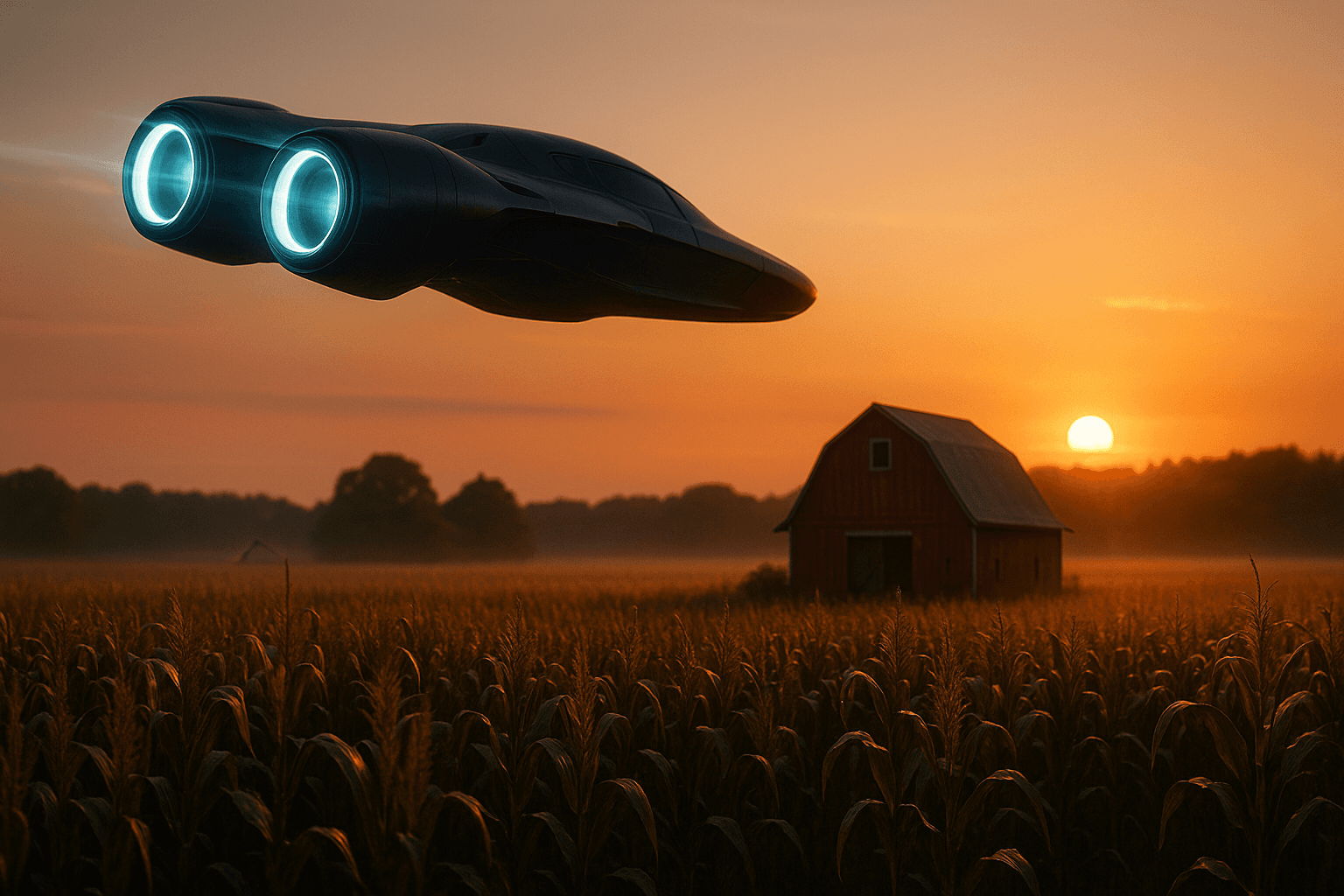 AI generated: A sleek, futuristic black spaceship with glowing blue engine rings flies low over a golden cornfield...