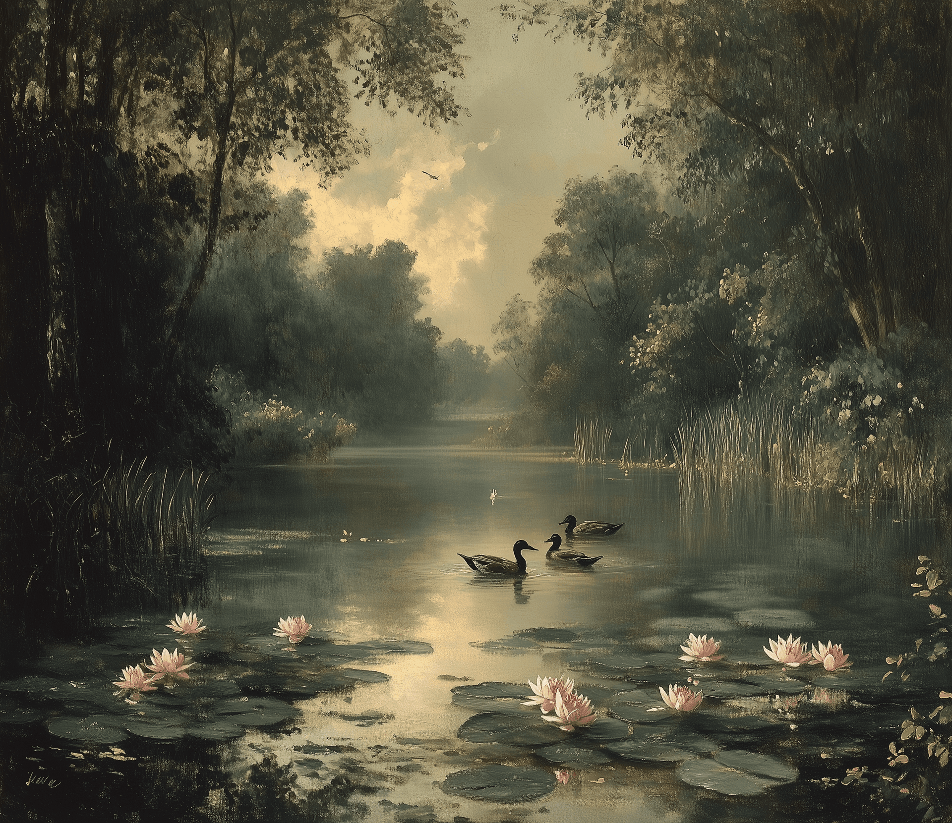 AI generated: A painting of reeds and water lilies in the foreground, ducks swimming on an enchanted lake with dar...