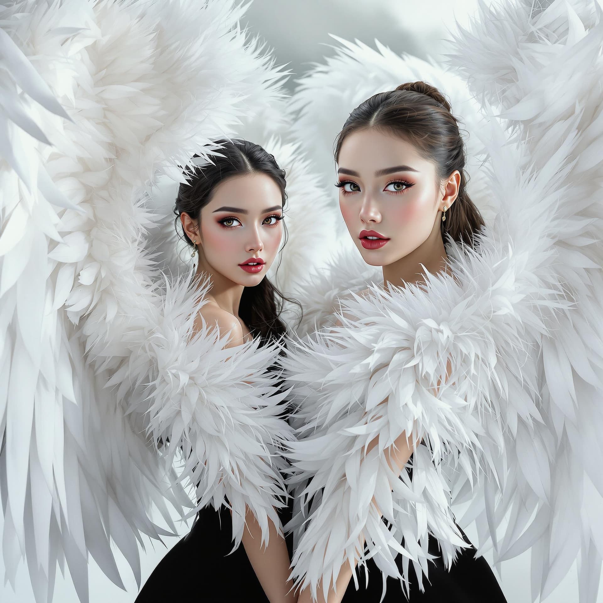 AI generated: Two absolutely Gorgeous Beautiful Woman with outstretched pure white feathery wings, (fashion), feat...