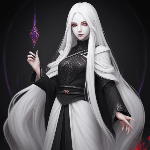 AI generated: shadar-kai female sorcerer, pale skin, long white hair, dark eyes, plain clothes