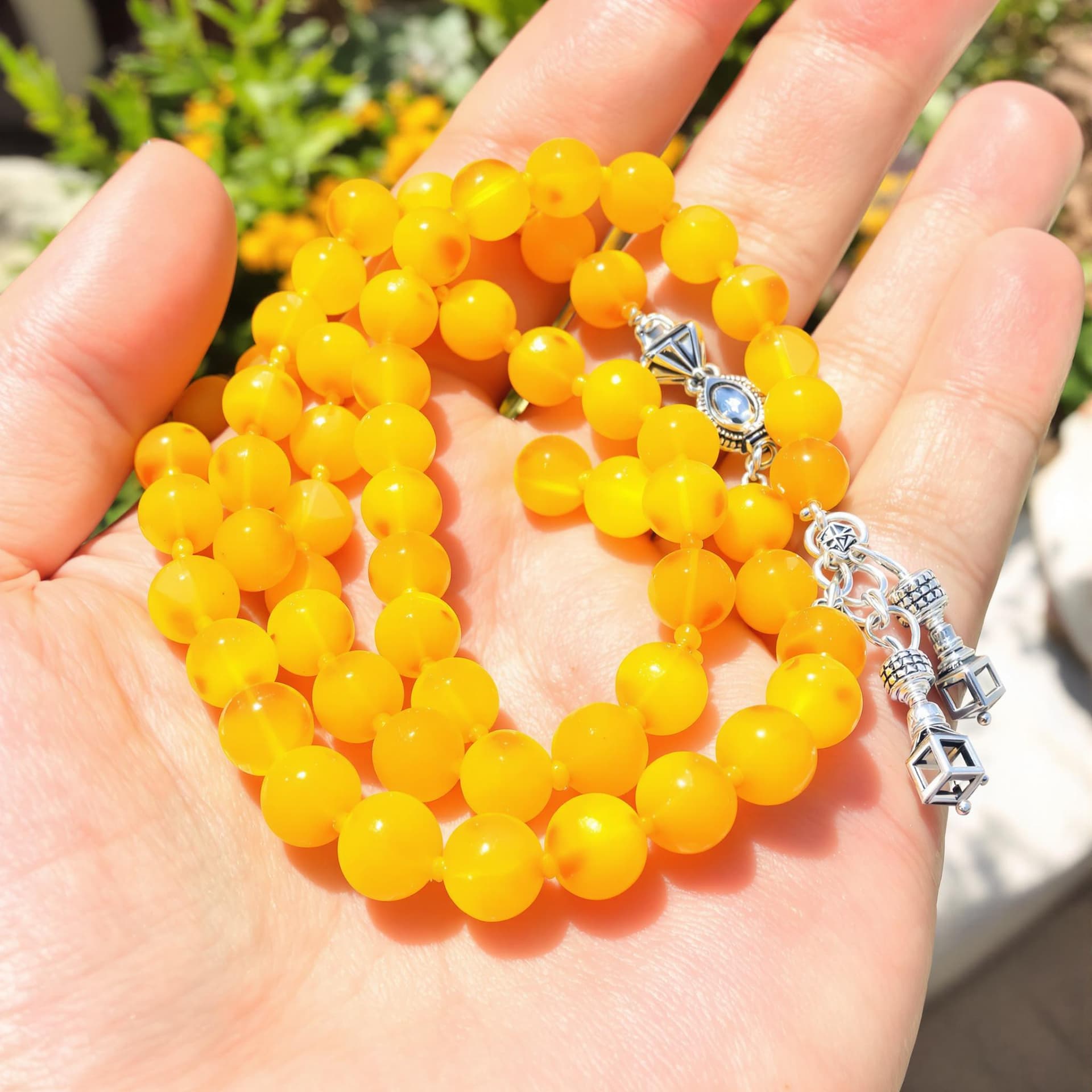AI generated: A hand holds a strand of yellow prayer beads, or tasbih, made from polished beads with a slight tran...