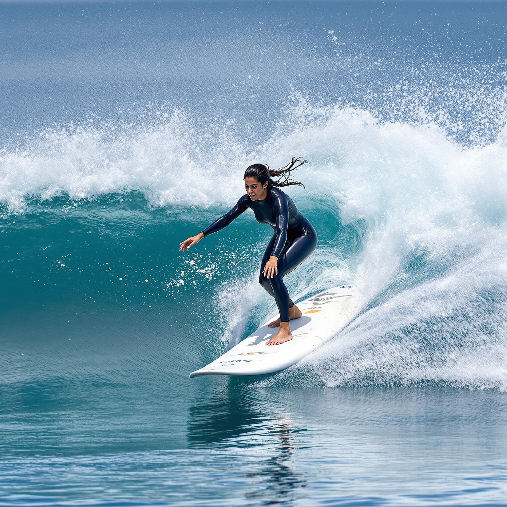 AI generated: The image features a Indian woman riding a wave on a surfboard. She is skillfully navigating the wav...