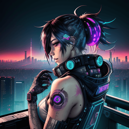 AI generated: A visual stunning photo of a female cyberpunk looking over tokyo skyline |centered| key visual| intr...