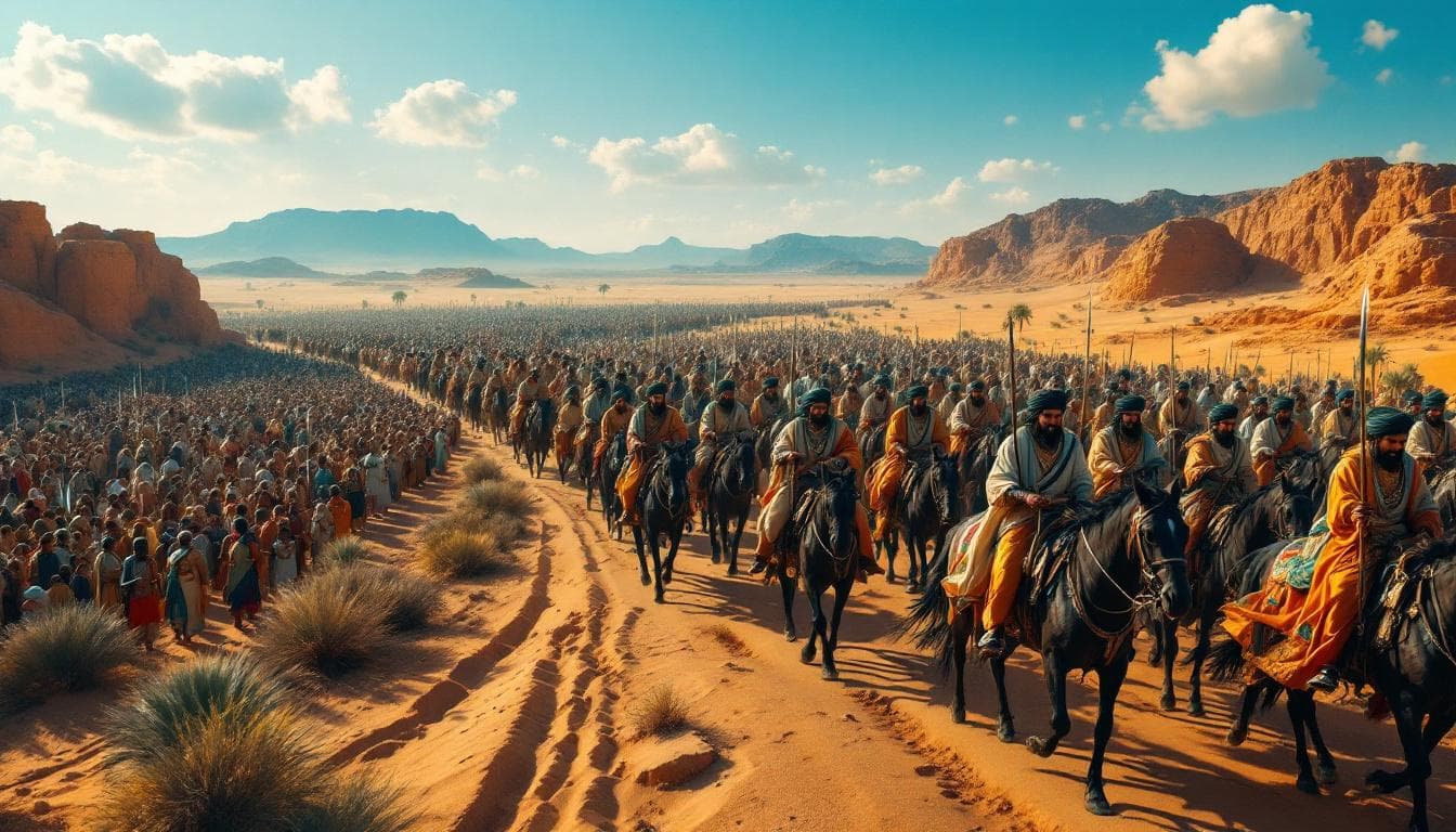 AI generated: A highly realistic panoramic image from above: In the vast desert, a large Meccan army marches in ho...
