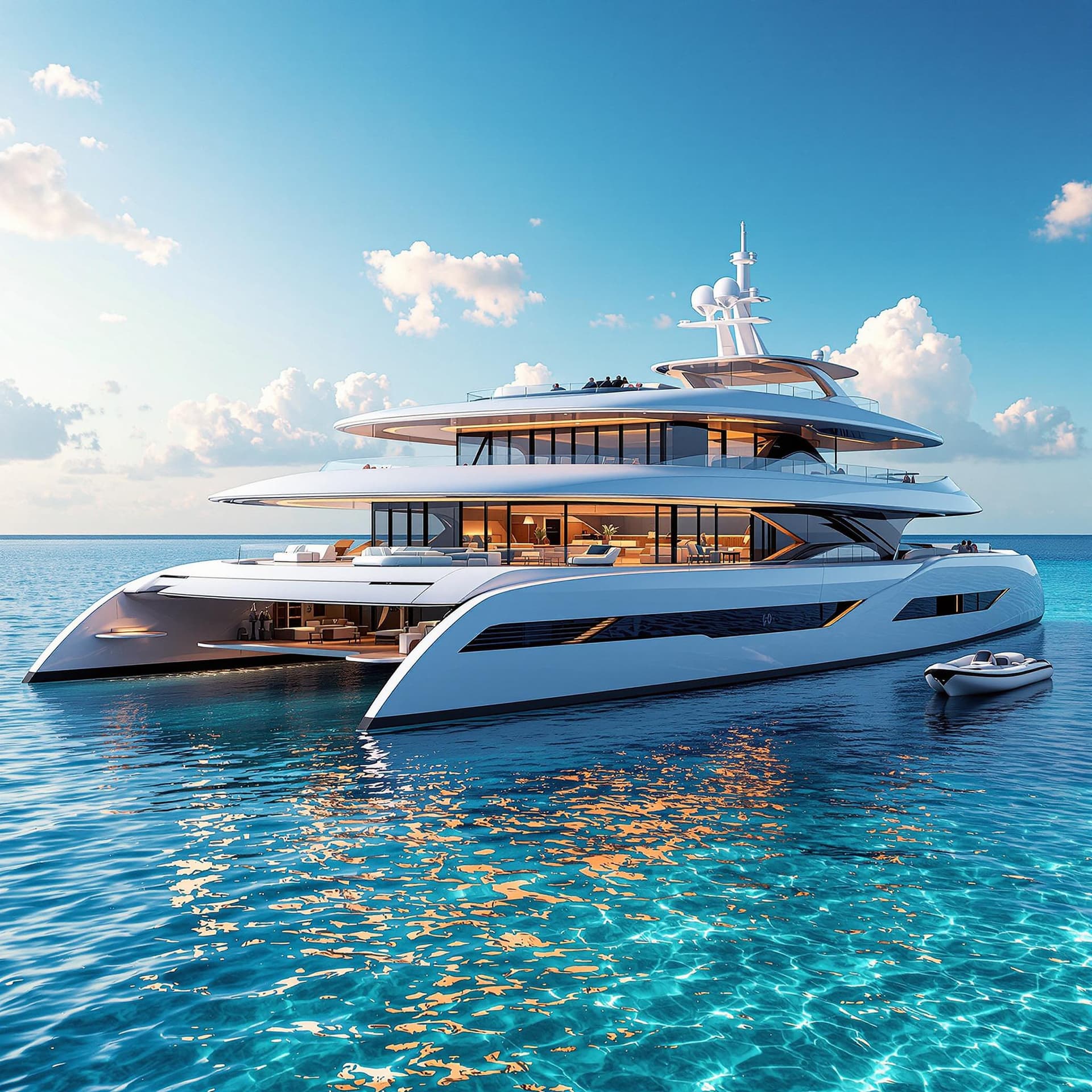 AI generated: Design a futuristic 75-foot power catamaran with large open windows, a luxurious interior featuring ...