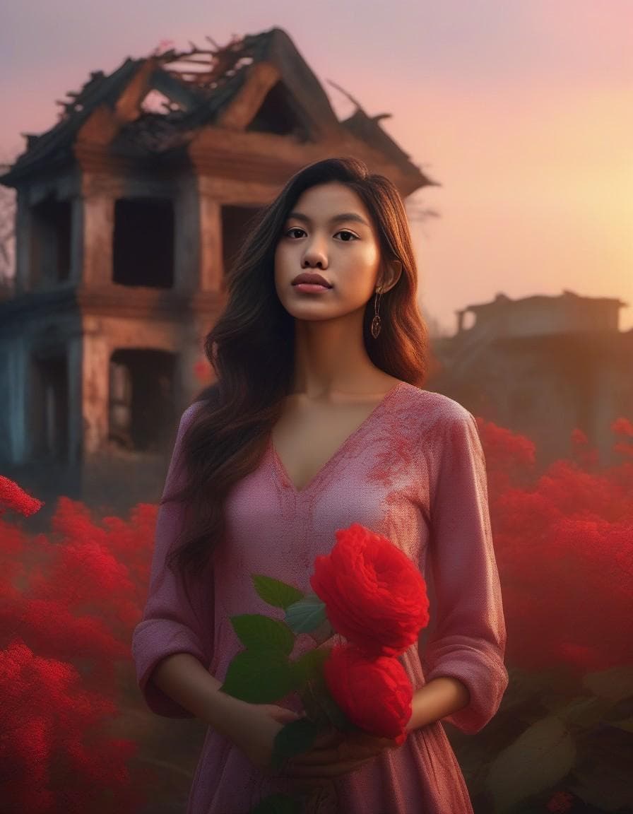 AI generated: A lonely red flower bloomed on the ruins of an abandoned house, spring, dawn, hope, golden glow. the...