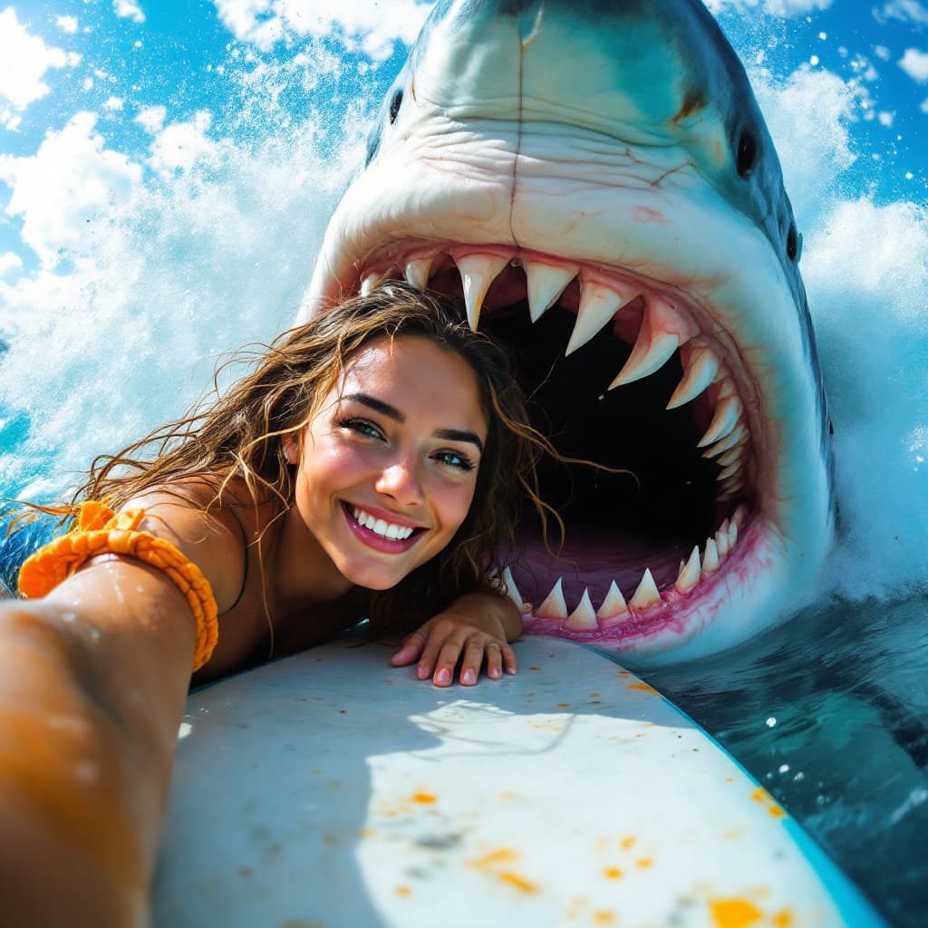 AI generated: Through the lens of the phone’s POV, a pretty female snaps a selfie as he lies on a wet surfboard, f...