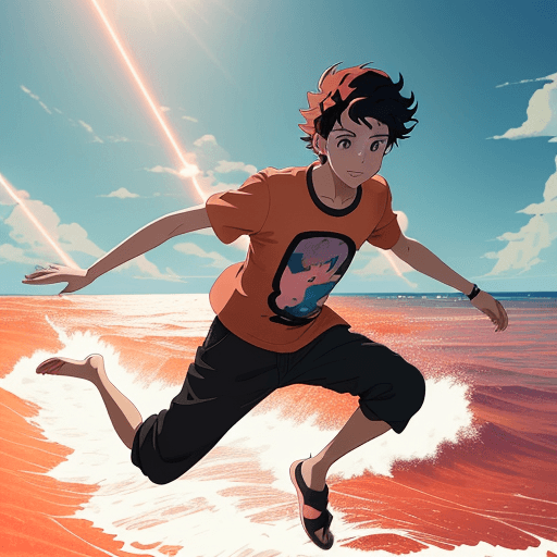 AI generated: make a picture of a young man flying inside the sea, with orange shirt and black hair. Pink sand. Ba...